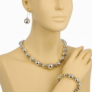 Elegant Dual-Tone Beaded Jewelry Set – Polished Necklace, Bracelet & Earrings